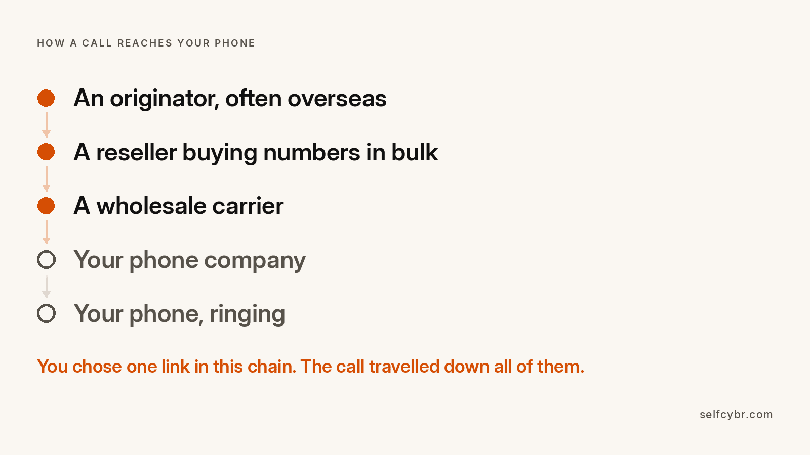 The chain a scam call travels down, from an overseas originator through a reseller and a wholesale carrier to your phone company and you. You chose only the last link